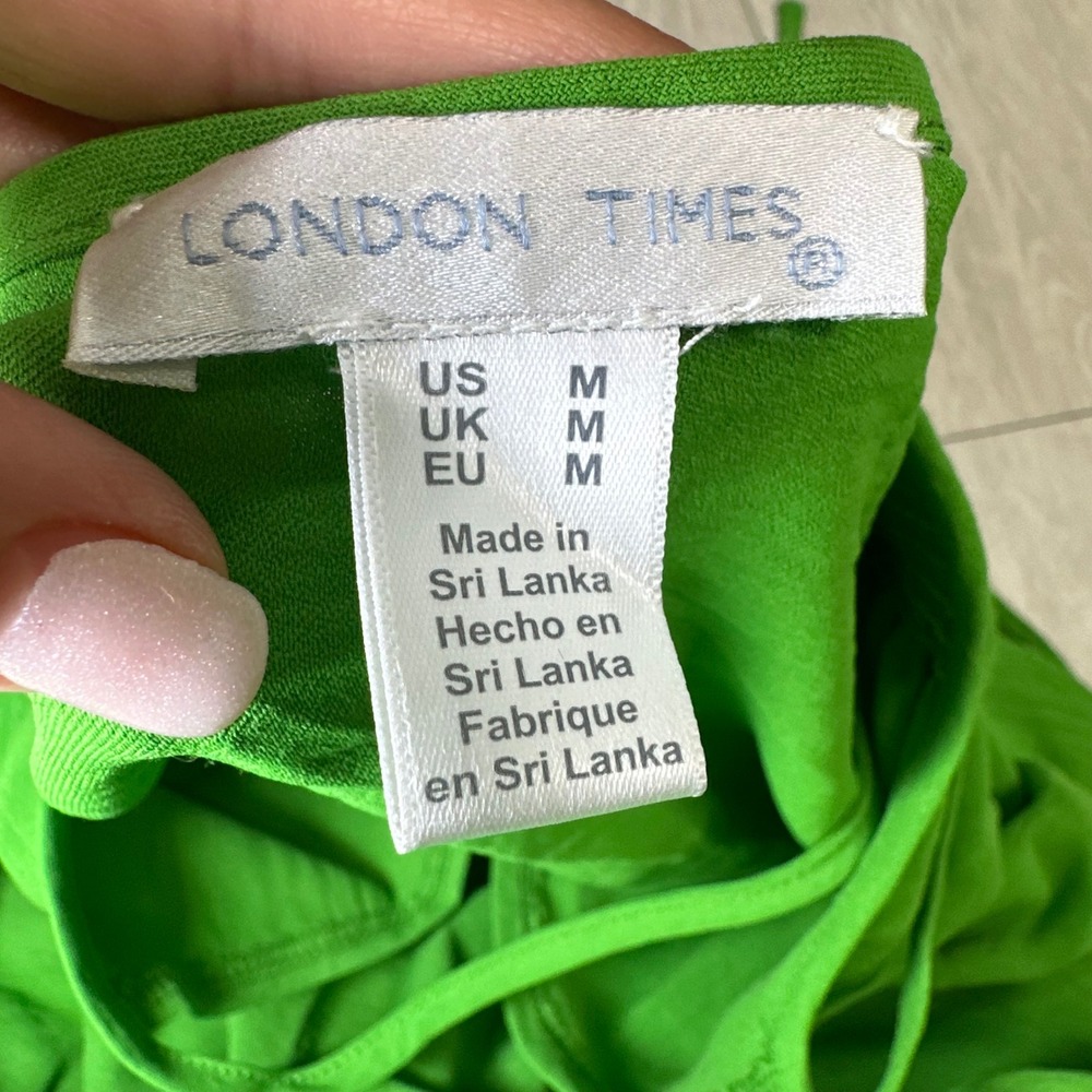 London times green mini smocked waist tie neck ruffle dress flutter medium - Picture 10 of 11